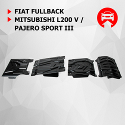 Защита радиатора, картера, КПП и РК АвтоБроня для Fiat Fullback (V - 2.4D) 2016-н.в./Mitsubishi L200 V (V - 2.4D) 2015-2019 2018-н.в./Mitsubishi Pajero Sport III (V - 2.4D; 3.0) 2016-2021 2021-н.в., штампованная, сталь 1.8 мм, 4 части, с крепежом, K111.04046.3