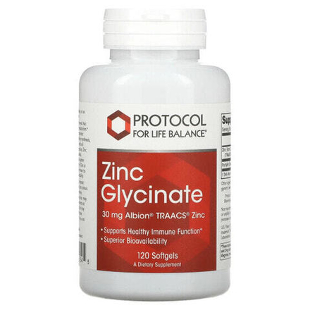 Цинк Protocol for Life Balance, Глицинат цинка, 30 мг, 120 мягких таблеток