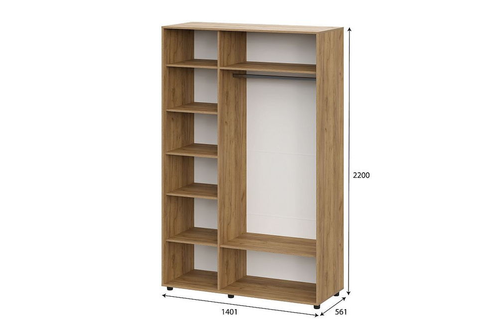 Шкаф для одежды распашной с зеркалом и полками Дуб Золотой/Белый Матовый 140х56х220