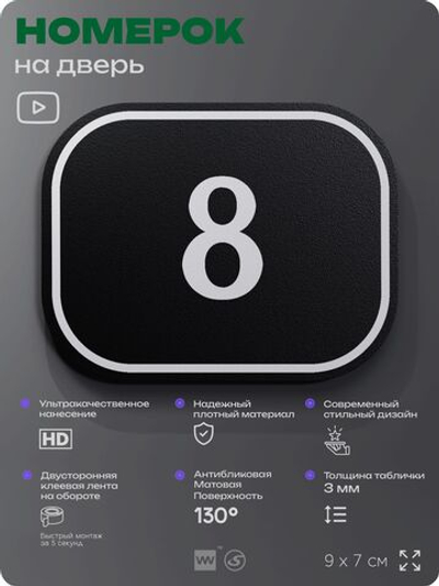 Номерок на дверь квартиры 8, для кабинета, офиса, шильдик 9 х 7 см, черный, Айдентика Технолоджи