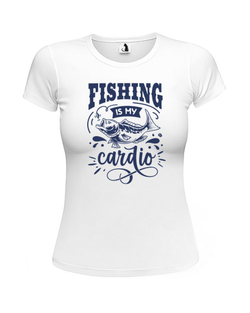 Футболка Fishing is my cardio женская приталенная белая с синим рисунком