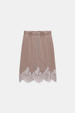 ZARA ЮБКА ИЗ ВЫЦВЕТШЕЙ ТКАНИ С КРУЖЕВНОЙ ОТДЕЛКОЙ, СЕРО-КОРИЧНЕВЫЙ