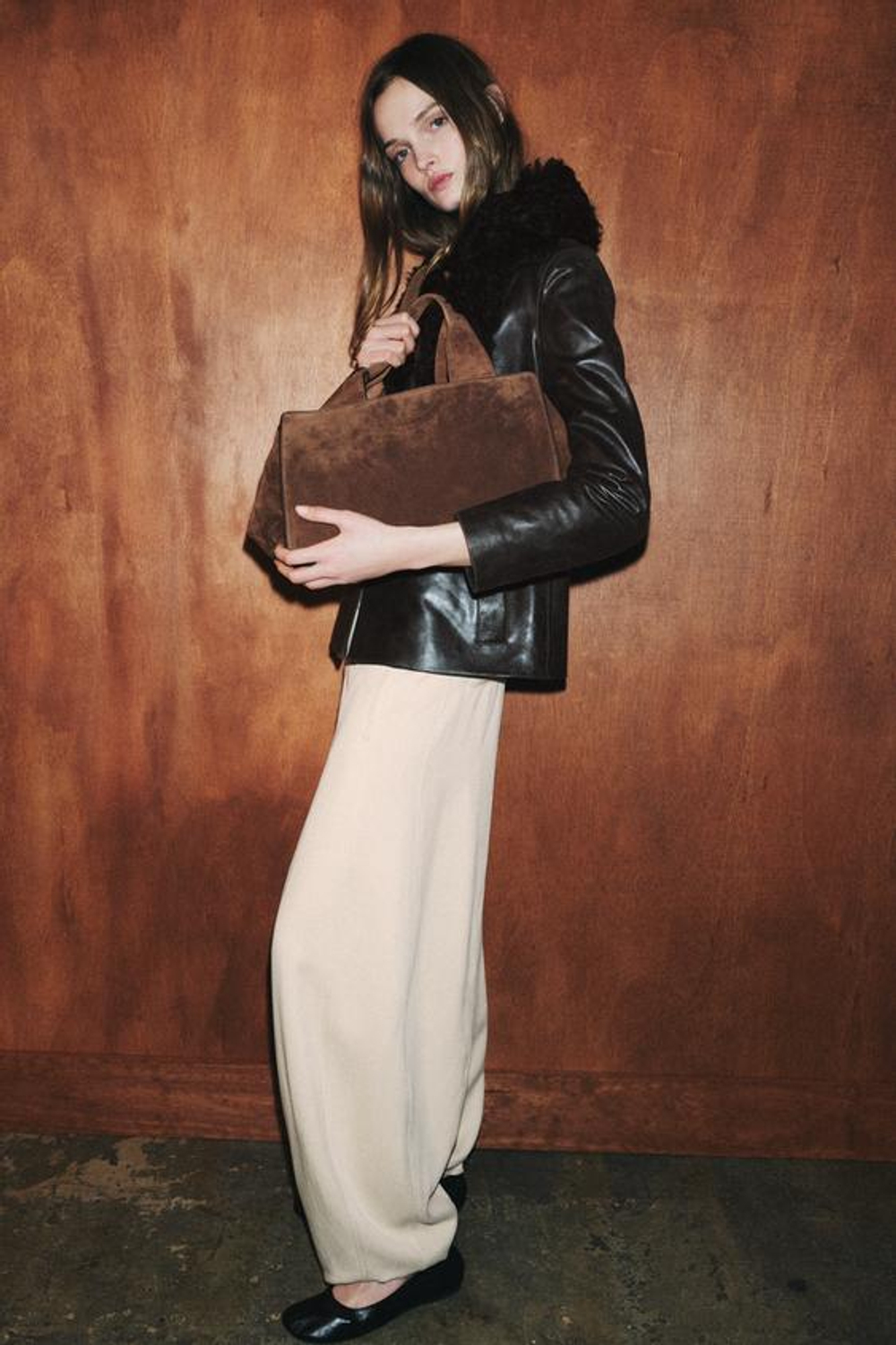 ZARA ЗАМШЕВАЯ СУМКА С ДВОЙНОЙ РУЧКОЙ, КОНЬЯЧНО-КОРИЧНЕВЫЙ