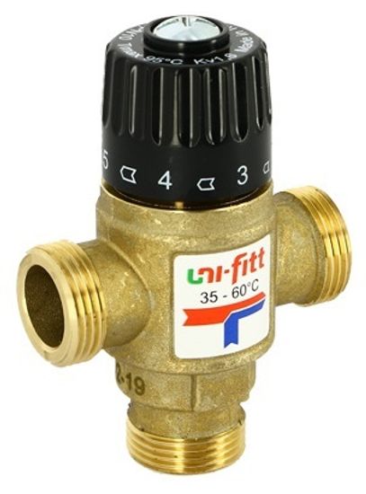 Термостатический клапан Uni-Fitt 1" НР 35-60°С латунный, смешение боковое