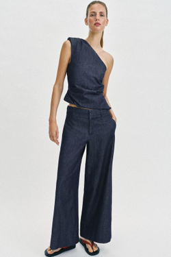 ZARA ШИРОКИЕ БРЮКИ ИЗ СМЕСОВОГО ЛЬНА, ИНДИГО