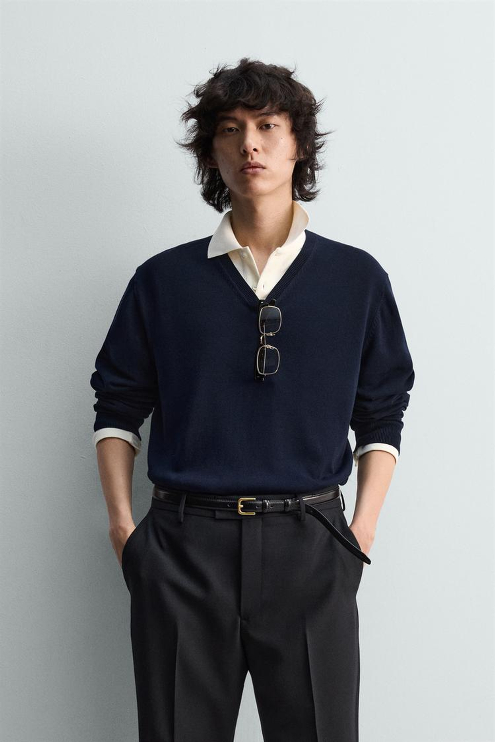 ZARA СВИТЕР СВОБОДНОГО КРОЯ С V-ОБРАЗНЫМ ВЫРЕЗОМ, МОРСКОЙ СИНИЙ