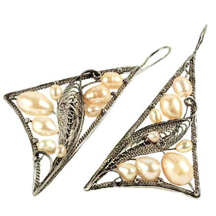 Серьги "Ассоль" жемчуг кремовый, скань