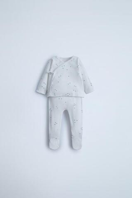 ZARA КОМПЛЕКТ ИЗ КИМОНО И ЛЕГИНСОВ В РУБЧИК И С ПРИНТОМ, ЭКРЮ