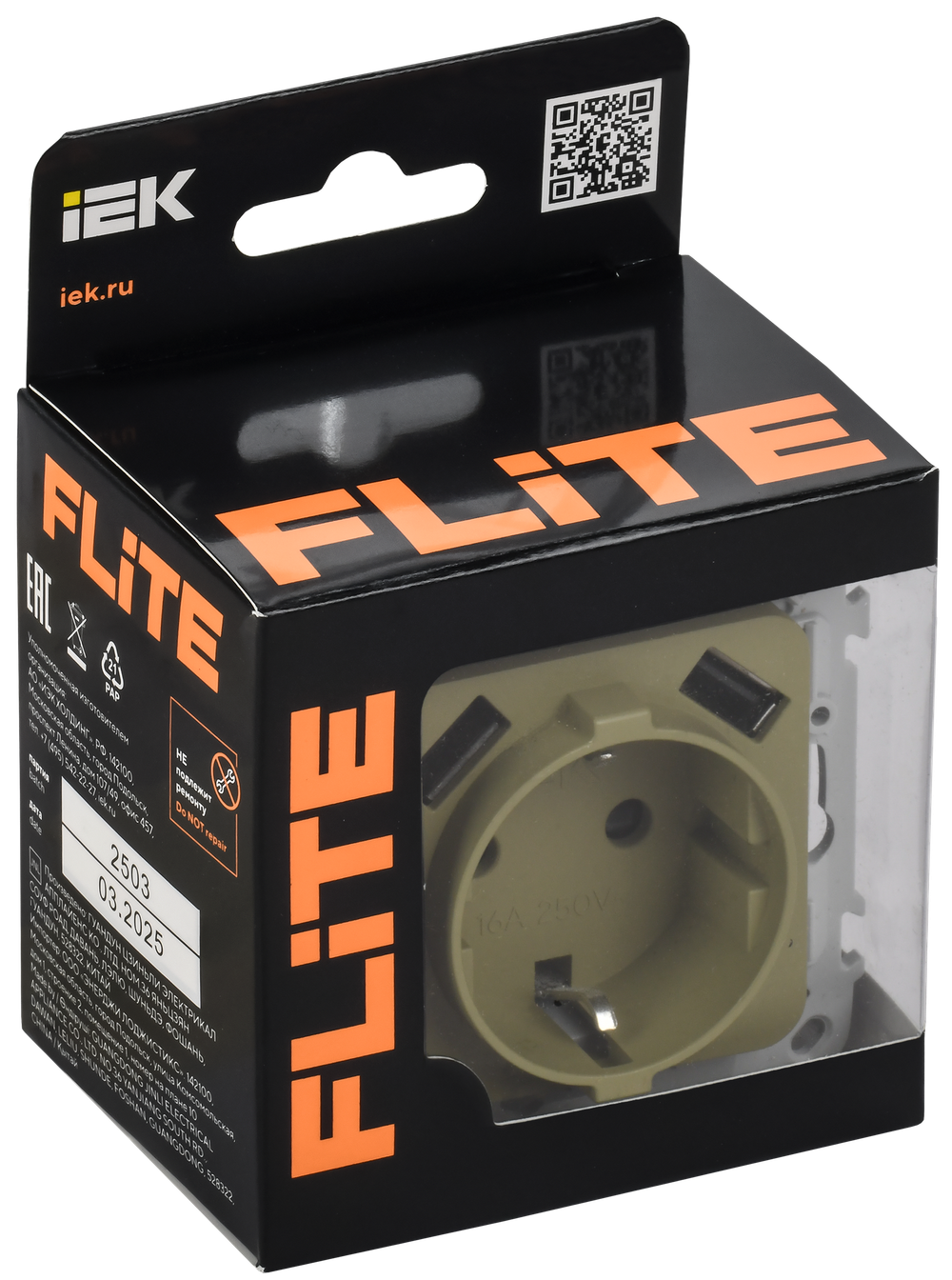 FLITE Розетка 1-местная с заземлением с защитными шторками 16А с USB A+A 3,1А безвинтовое крепление РСЮша11-1-ФлО оливковый IEK