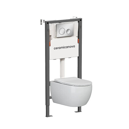 Унитаз подвесной Ceramica Play CN3001 белый, безободковый, с инсталляцией Balance CN121001CH и кнопкой Circle хром глянцевый