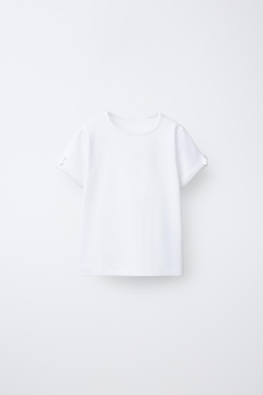 ZARA ФУТБОЛКА В РУБЧИК С БАНТАМИ, БЕЛЫЙ