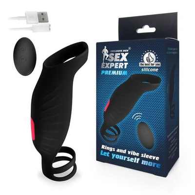 Черная насадка на пенис с вибрацией Sex Expert - 15,4 см. (Цвет: черный)