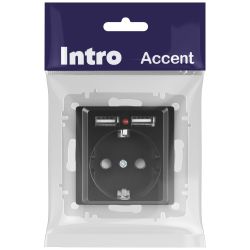 Розетка Intro Accent 6-410-05 , P+E Schuko со шторками, 16А-250В + 2хUSB, IP20, СУ, антрацит