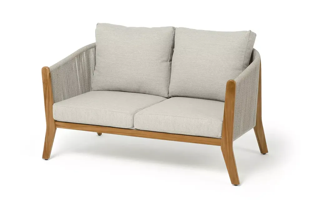 "Сидней" диван 2-местный плетеный из роупа, основание тик, каркас алюминий бежевый, роуп бежевый, ткань бежевая