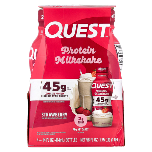 Quest Nutrition, Протеиновый молочный коктейль, клубника, 4 флакона по 414 мл (14 жидк. Унций)