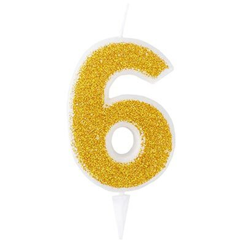 Свеча -цифра 6 Золотая Глиттер 6см