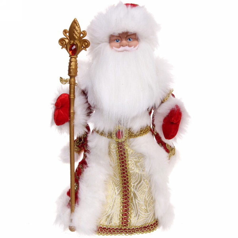 Дед Мороз музыкальный 40 см в красно-золотой шубе с посохом