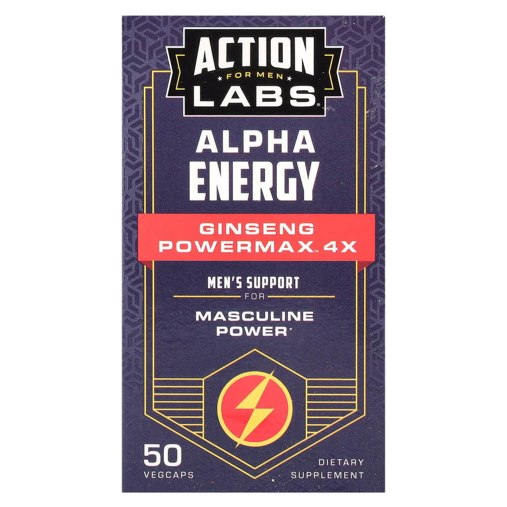 Action Labs, Для мужчин, Alpha Energy, женьшень Powermax ™ 4x, 50 растительных капсул