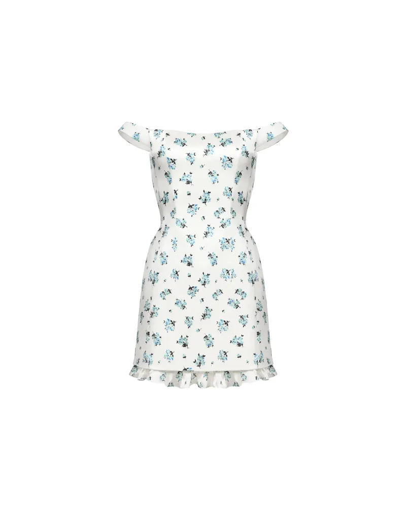 Клео мини (Cleo mini), платье мини из молочного атласа с цветочным принтом
