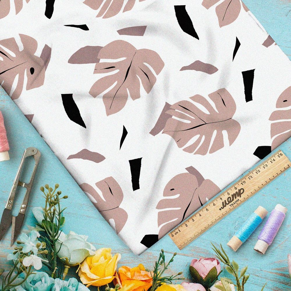 Ткань сатин листья монстеры пудровые