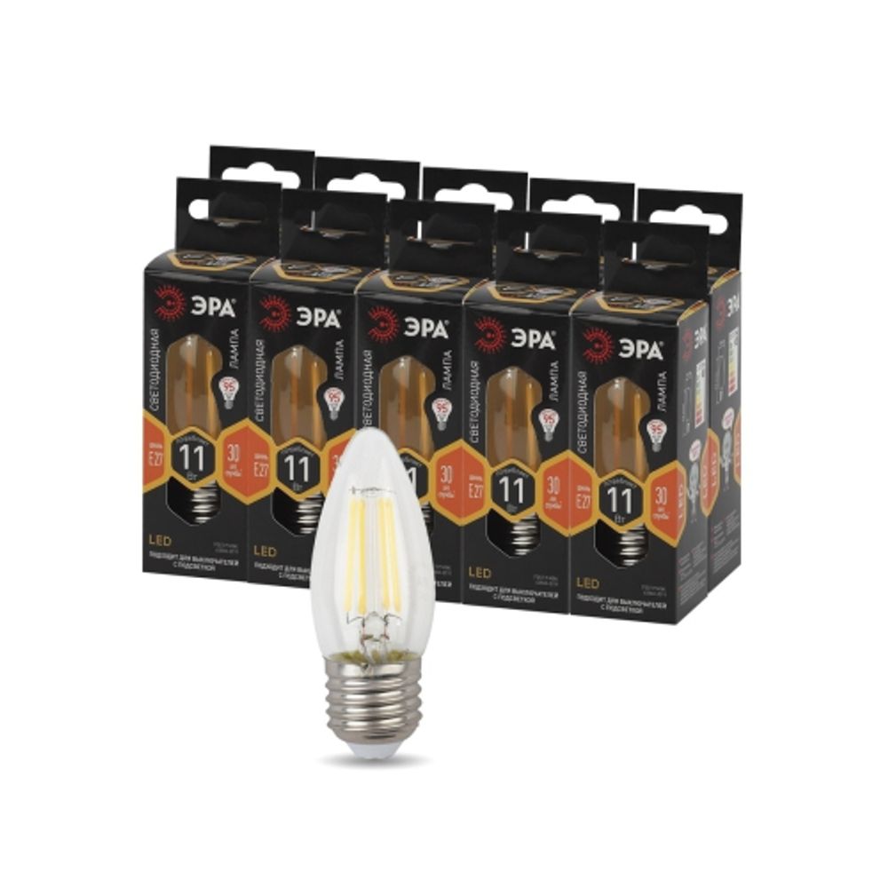 Лампа светодиодная ЭРА F-LED B35-11W-827-E27 Е27 / Е27 11Вт филамент свеча теплый белый свет | Филаментные декоративные