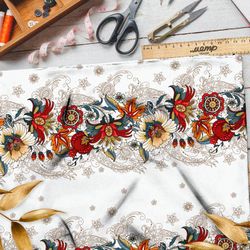 Ткань таффета цветная роспись на белом фоне