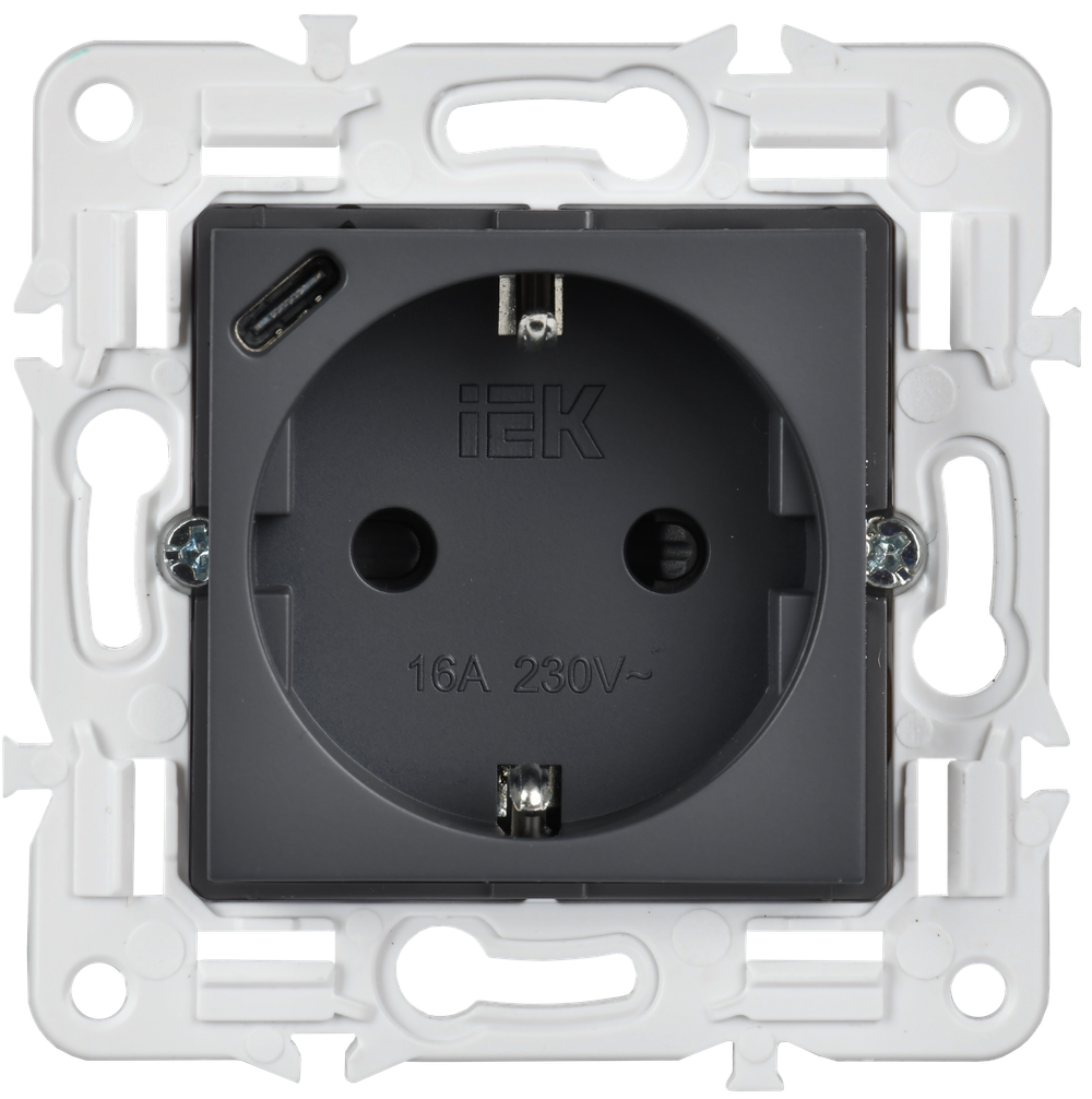 SKANDY Розетка с заземлением с защитными шторками 16А с USB C 18Вт SK-R17T титан IEK