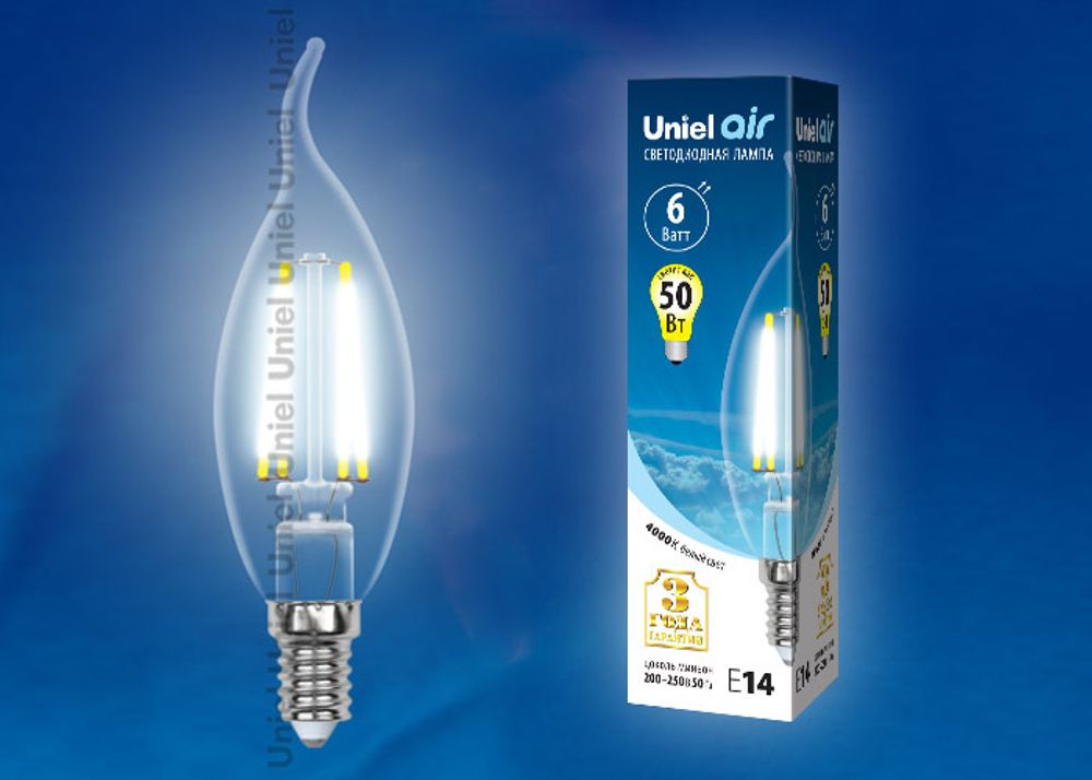 LED-CW35-6W/NW/E14/CL GLA01TR Лампа светодиодная. Форма свеча на ветру, прозрачная. Серия Air. Белый свет (4000K). Картон. ТМ Uniel