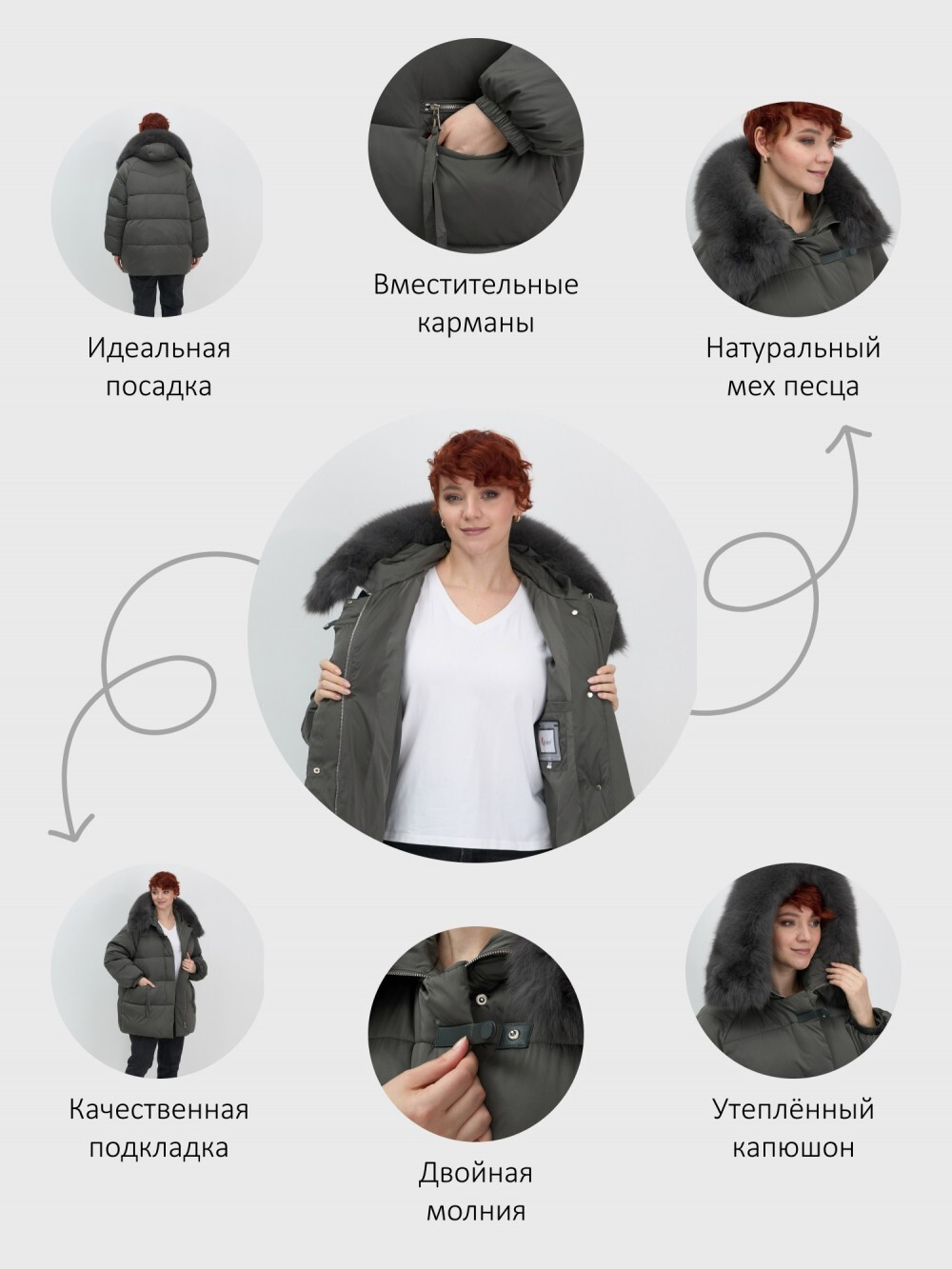 Куртка зимняя женская с мехом и капюшоном тренд темно-зеленого цвета 7639TZ