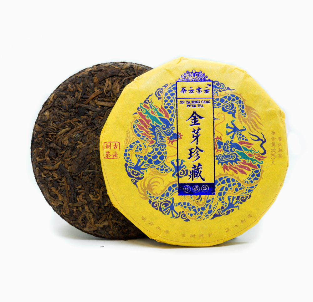 59313 Чай прессованный черный Пуэр Шу "Сэнчжун, Цзинь Я Чжень Цан" Золотая Почка, мини бин 100гр