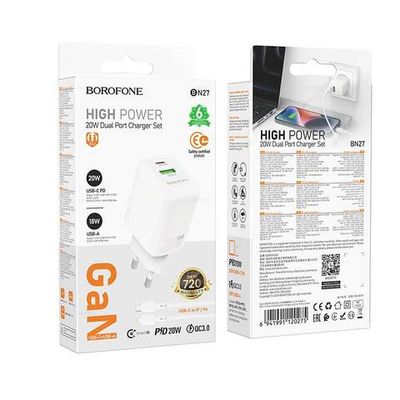 BN27 Fuente PD20W+QC3.0 зарядное устройство набор (Type-C на Lightning) (white)