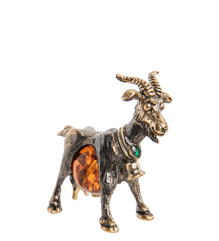 Народные промыслы AM- 340 Фигурка «Коза с колокольчиком» (латунь, янтарь)