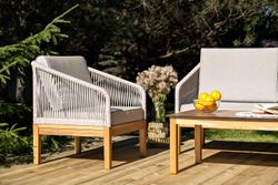 "Канны" кресло плетеное из роупа, основание дуб, роуп бежевый круглый, ткань бежевая 15052