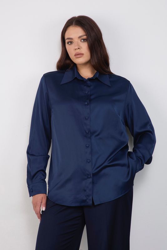 Блузка с заостренным воротником, темно-синий