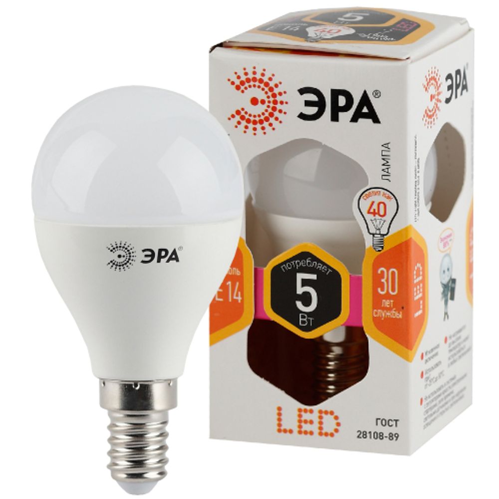 Лампа светодиодная ЭРА STD LED P45-5W-827-E14 5Вт шар теплый белый свет Е14 | Лампы cветодиодные Шар (G/P)