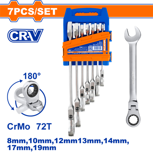 Набор шарнирных комбинированных ключей с храповиком 7 шт (6/18) WADFOW WSP5207