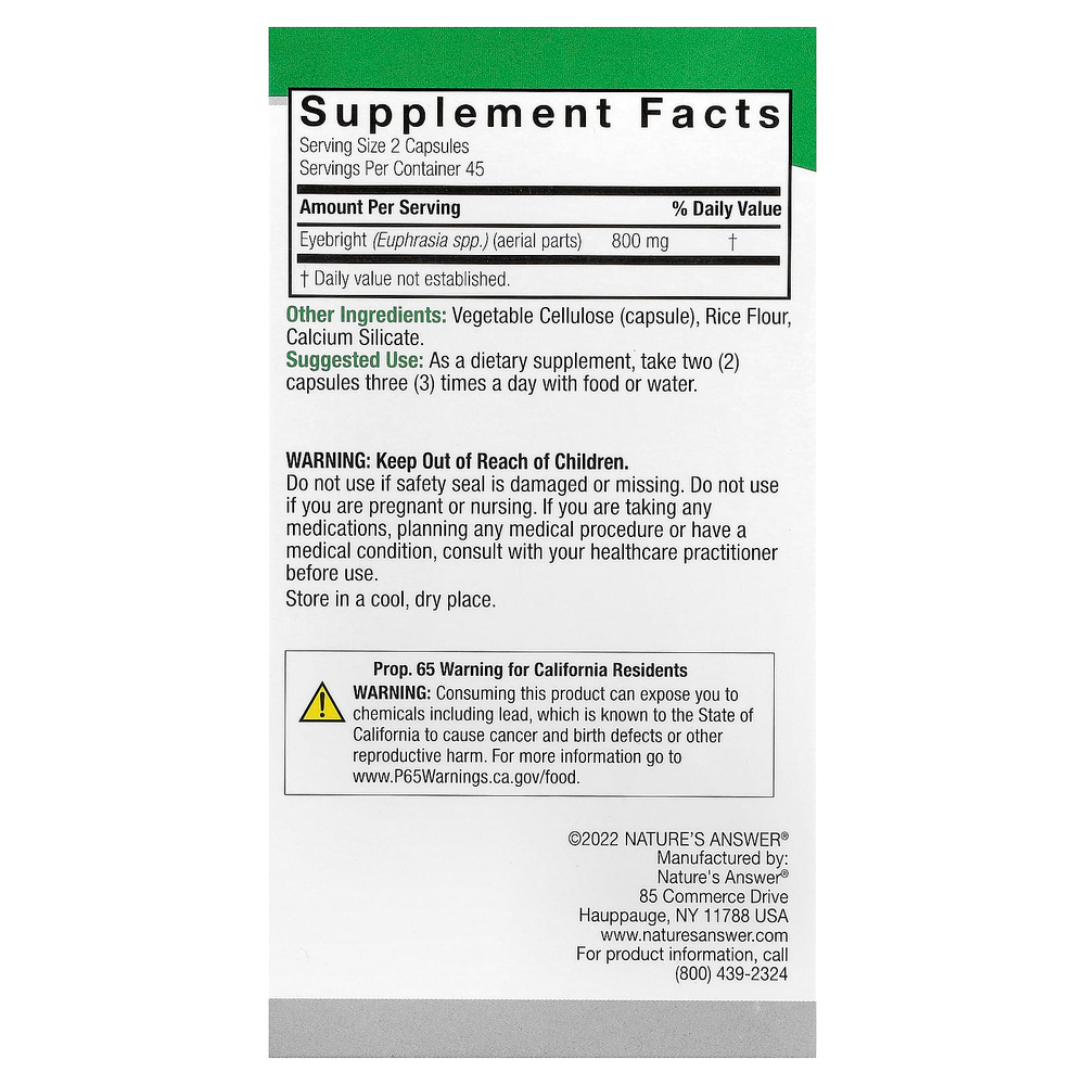 Nature's Answer, Eyebright, 90 вегетарианских капсул (400 мг на капсулу)