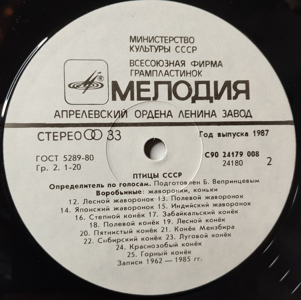 Винтажная виниловая пластинка LP Птицы СССР Определитель По Голосам Воробьиные: Жаворонки, Коньки (СССР 1986)