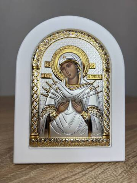 Семистрельная БМ, икона арочная, белое дерево 105х140