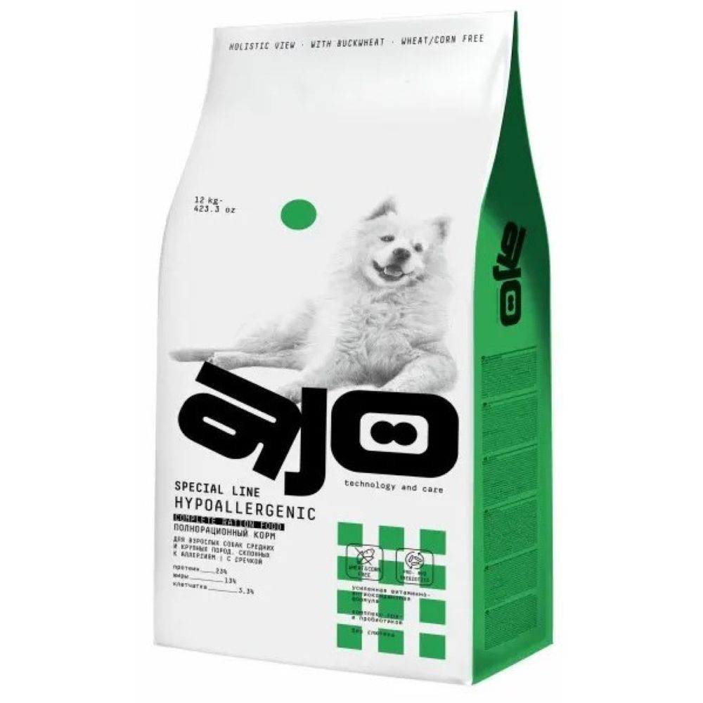 Сухой корм AJO Dog Hypoallergenic для взрослых собак средних и крупных пород, при аллергии и проблемах пищеварения, с олениной и гречкой - 12 кг