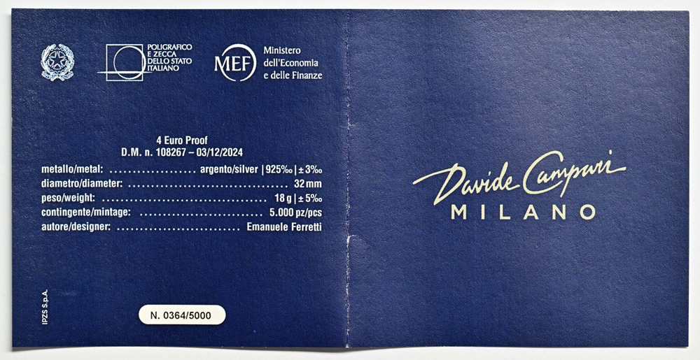 ИТАЛИЯ, 2025, 4 ЕВРО [СЕРЕБРО]