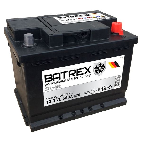 Аккумулятор автомобильный BATREX 60RS (низкий) 580 А обр. пол. 60 Ач (6СТ-60 низкий )