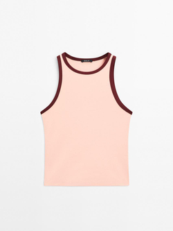 Massimo Dutti Топ из 100% хлопка с горловиной халтер и контрастной отделкой, цвет розового дерева
