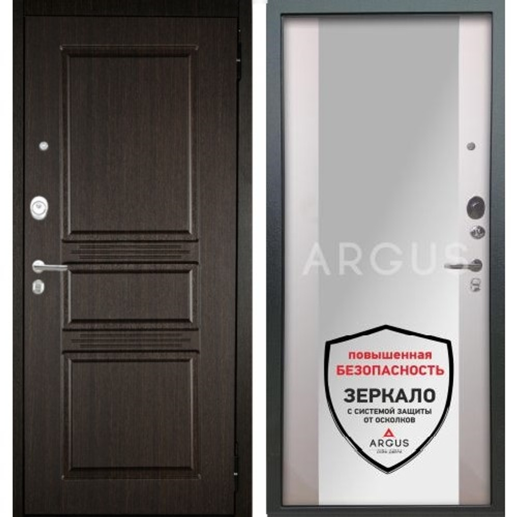 Входная сейф-дверь с зеркалом Аргус Люкс 3К 2П Сабина Венге /  Вояж белое дерево