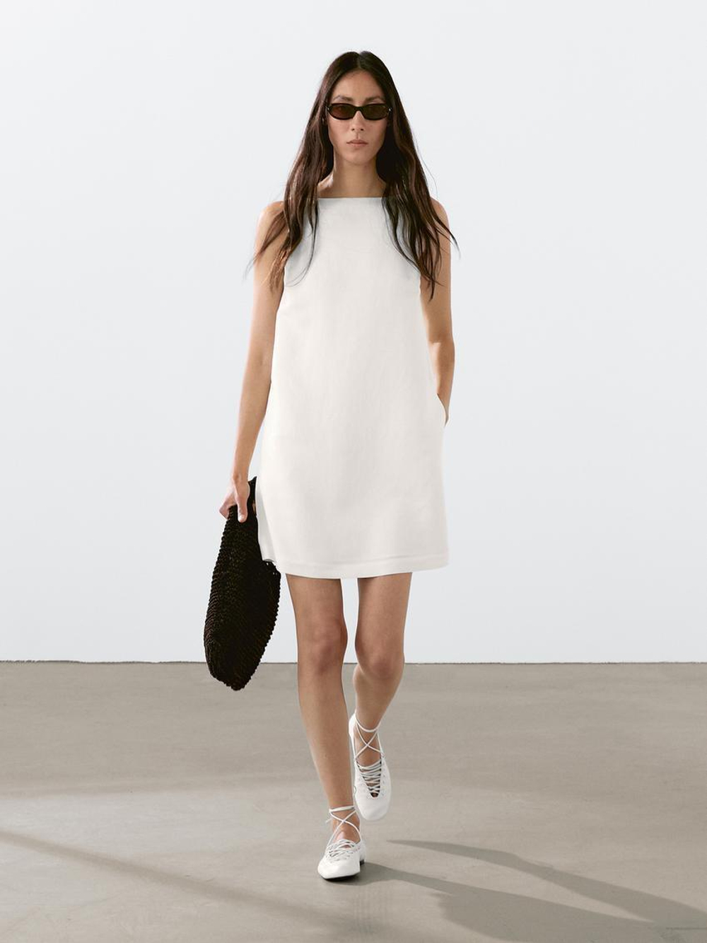 Massimo Dutti Мини-платье из струящейся смесовой льняной ткани, белый