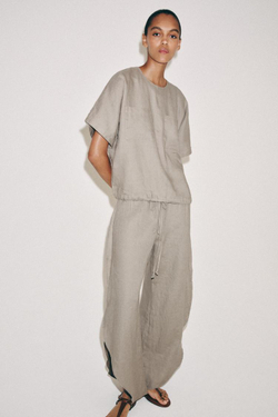 ZARA БРЮКИ ИЗ ЛЬНА С РАЗРЕЗАМИ — ZW COLLECTION, СЕРО-КОРИЧНЕВЫЙ