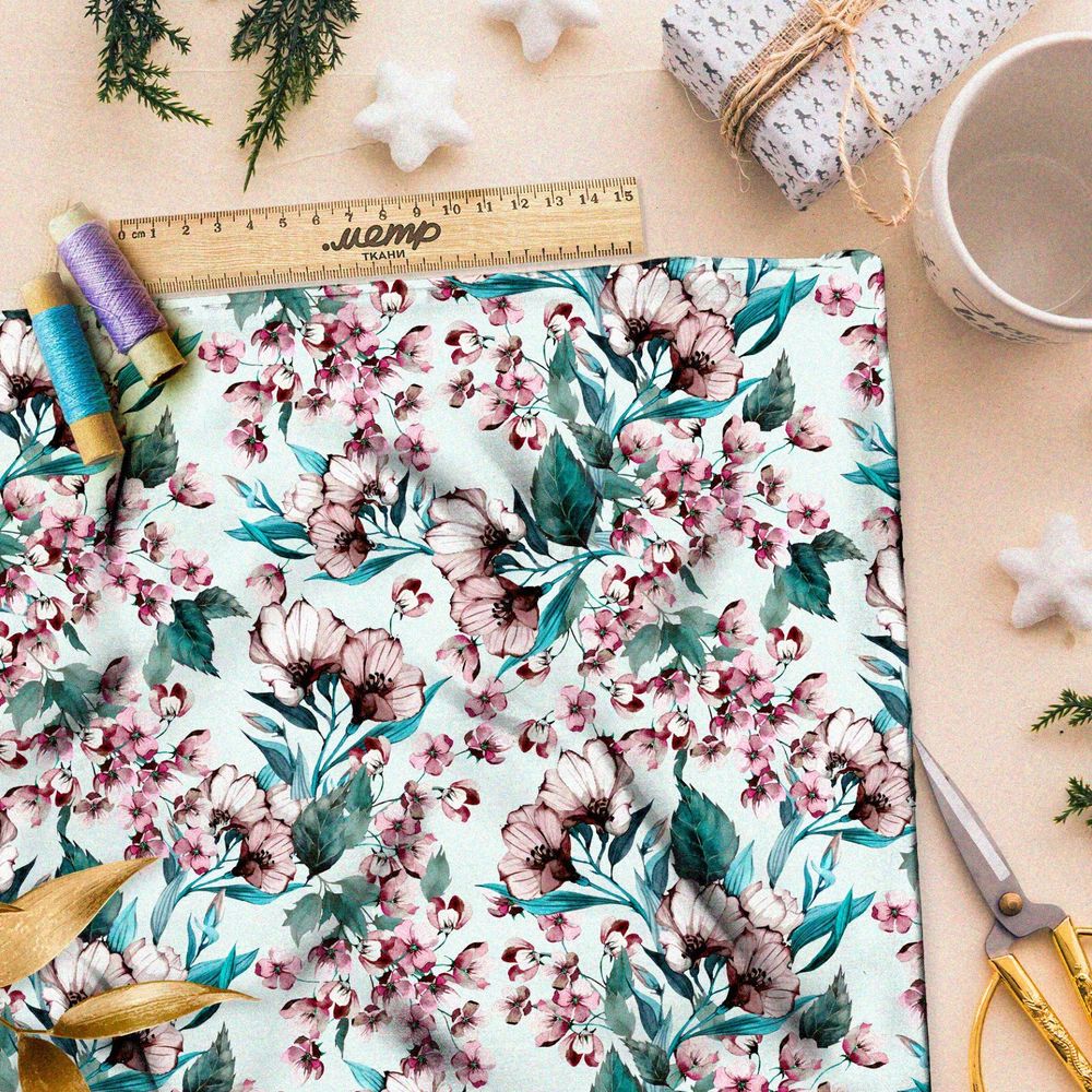 Ткань барби крупные цветы яблони на зелёном фоне