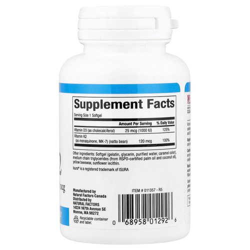 Natural Factors, витамины D3 и K2, 25 мкг (1000 МЕ) и 120 мкг, 60 капсул