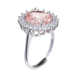 Кольцо-вечернее, серебрение 925, розовый овальный циркон, регулир размер