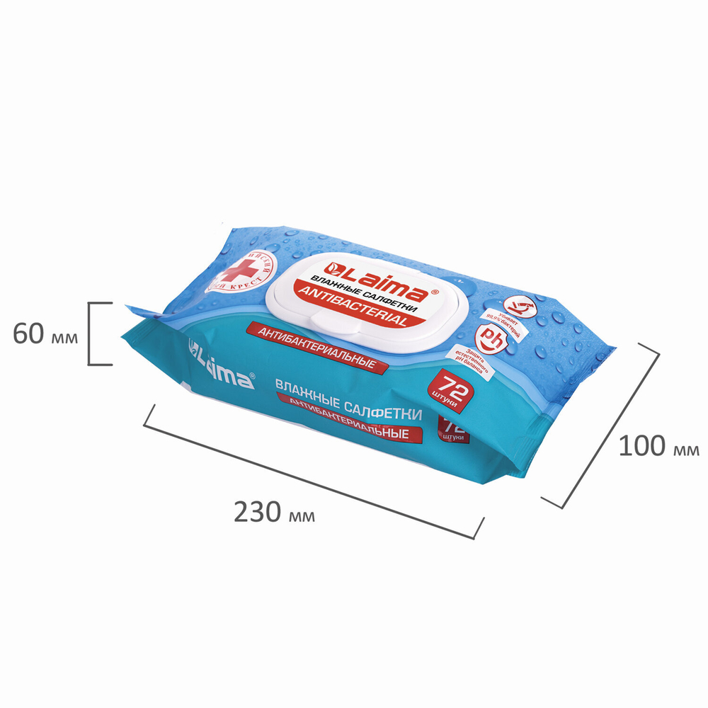 Салфетки влажные 72 шт. АНТИБАКТЕРИАЛЬНЫЕ с пластиковым клапаном LAIMA "Antibacterial" (8 штук в упаковке)